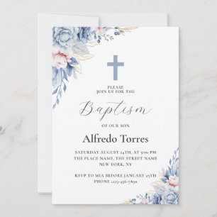Aquarell Elegant Dusty Blue Floral Baby Taufe Einladung