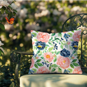 Aquarell Elegant Rosa Blauer Garten Außenbereich Kissen
