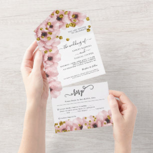 Aquarell Elegante Blumen Goldene Hochzeit All In One Einladung