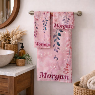 Aquarell Elegante Ranken mit rosa Hintergrund Badhandtuch Set