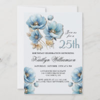 Aquarell Elegantes Blau Gold Floral 25. Geburtstag