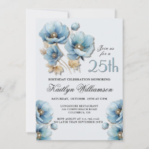 Aquarell Elegantes Blau Gold Floral 25. Geburtstag Einladung