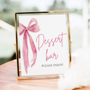 Aquarell-Elegantes-Rosa-Schleife-Dessertbar-Schild Poster