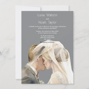 Aquarell-Elfenbein-graues Paar-Foto Hochzeit Einladung