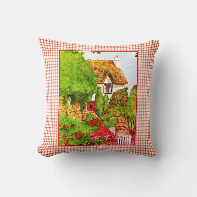 Aquarell Englisch Hütte Red White Karos Kissen (Vorderseite)