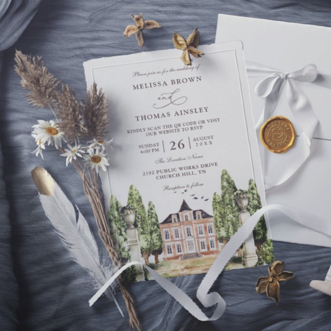 Aquarell-englisches Haus Budget QR-Code Hochzeit Einladung (Von Creator hochgeladen)