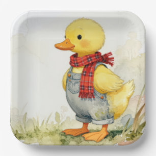 Aquarell-Ente in Overall und Schal Pappteller