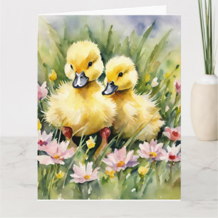 Aquarell-Entenküken auf einer Wildblumenwiese Karte