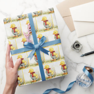 Aquarell-Entenküken mit Jeans-Overall Geschenkpapier