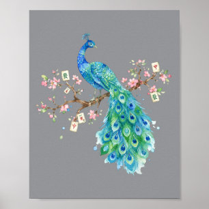 Aquarell Erbse Mahjong Kirschblüten Vogel Poster