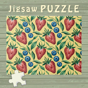 Aquarell-Erdbeer-Heidelbeer-Muster auf Gelb Puzzle