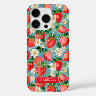 Aquarell-Erdbeeren auf blauem Monogramm iPhone 16 Pro Hülle