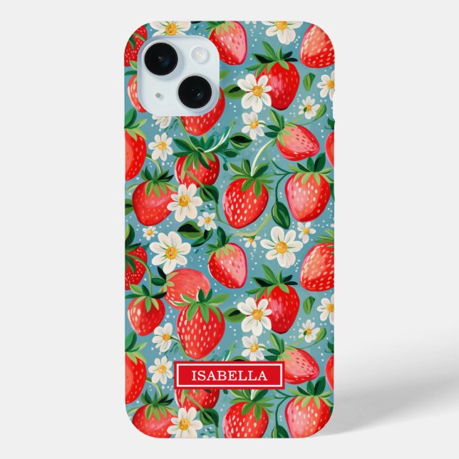 Aquarell-Erdbeeren auf blauem Monogramm Case-Mate iPhone Hülle (Rückseite)
