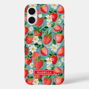 Aquarell-Erdbeeren auf blauem Monogramm iPhone 16 Plus Hülle