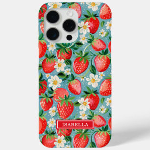 Aquarell-Erdbeeren auf blauem monogrammierten Hint Case-Mate iPhone Hülle
