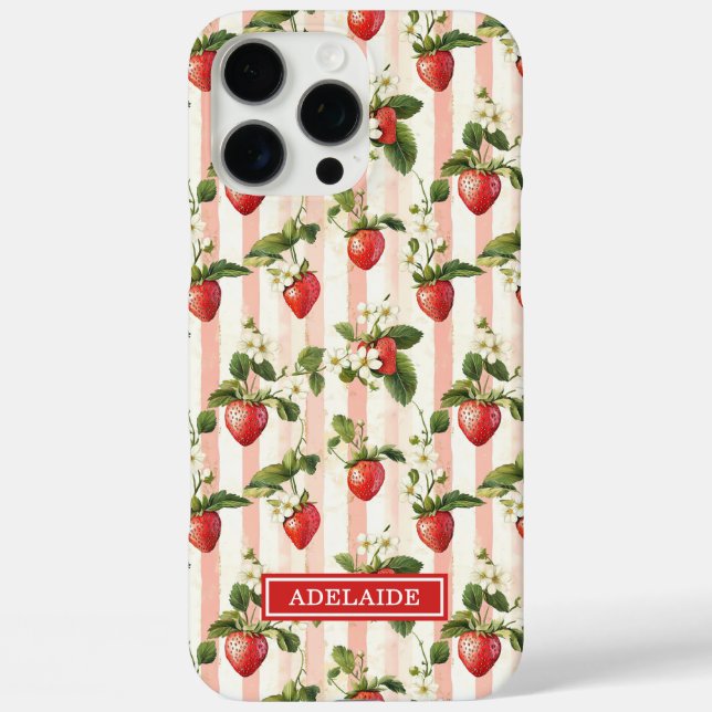 Aquarell-Erdbeeren auf gestreiften Monogrammen Case-Mate iPhone Hülle (Rückseite)