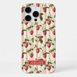 Aquarell-Erdbeeren auf gestreiften Monogrammen iPhone 16 Pro Max Hülle