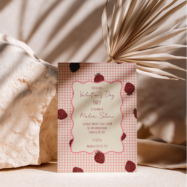 Aquarell-Erdbeeren auf rosa Raster - Valentinstag Einladung (Von Creator hochgeladen)