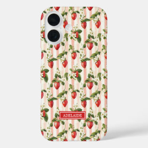 Aquarell-Erdbeeren auf Streifen monogrammiert iPhone 16 Hülle