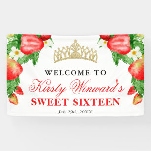 Aquarell Erdbeeren & Blumen Willkommen Sweet 16 Banner