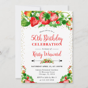 Aquarell-Erdbeeren und Blumen 50. Geburtstag Einladung