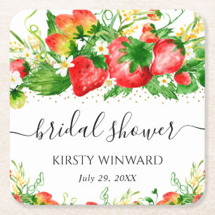 Aquarell-Erdbeeren und Blumen Brause-Brautparty Rechteckiger Pappuntersetzer