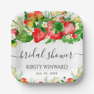 Aquarell-Erdbeeren und Blumen Brautdusche Pappteller