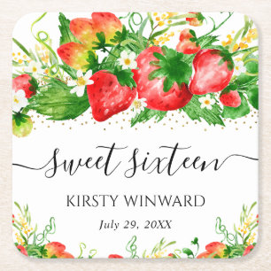 Aquarell Erdbeeren und Blumen Sweet Sixteen Rechteckiger Pappuntersetzer