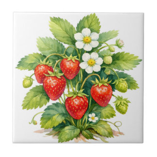 Aquarell Erdbeeren und Blüten Fliese