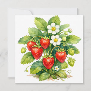 Aquarell Erdbeeren und Blüten Karte