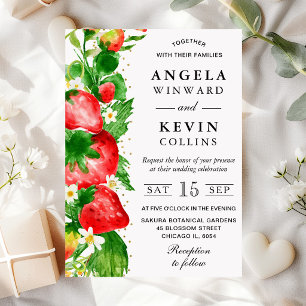Aquarell Erdbeeren und weiße Blumen Hochzeit Einladung
