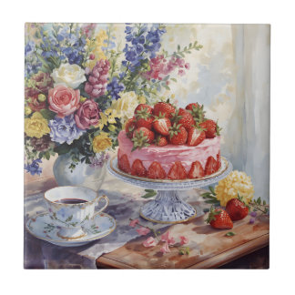 Aquarell-Erdbeerkuchen und Blumen-Stillleben  Fliese