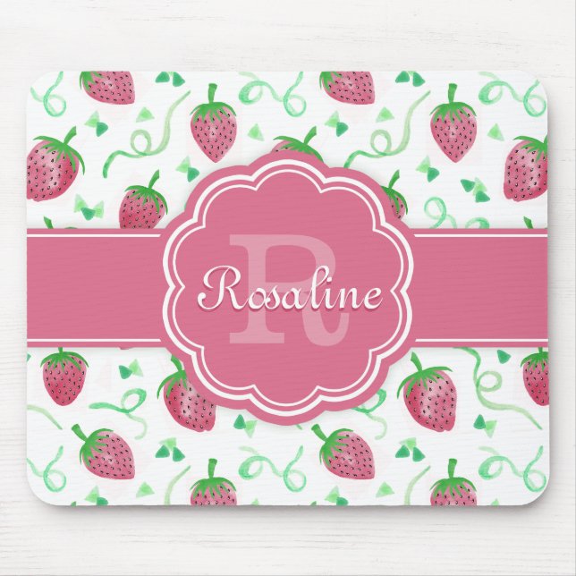 Aquarell-Erdbeermuster mit Monogramm Mousepad (Vorne)