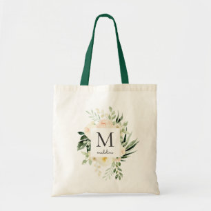 Aquarell erröten Pfirsich-Blumengrün-Monogramm Tragetasche