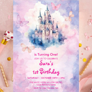 Aquarell Erster Geburtstag Burg & Schmetterling Einladung