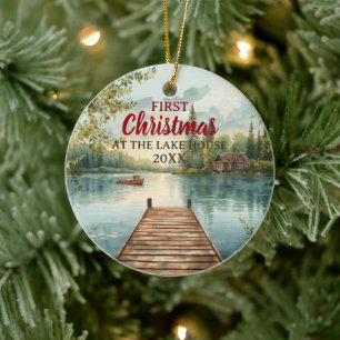 Aquarell Erstes Weihnachten im Lake House Keramik Ornament