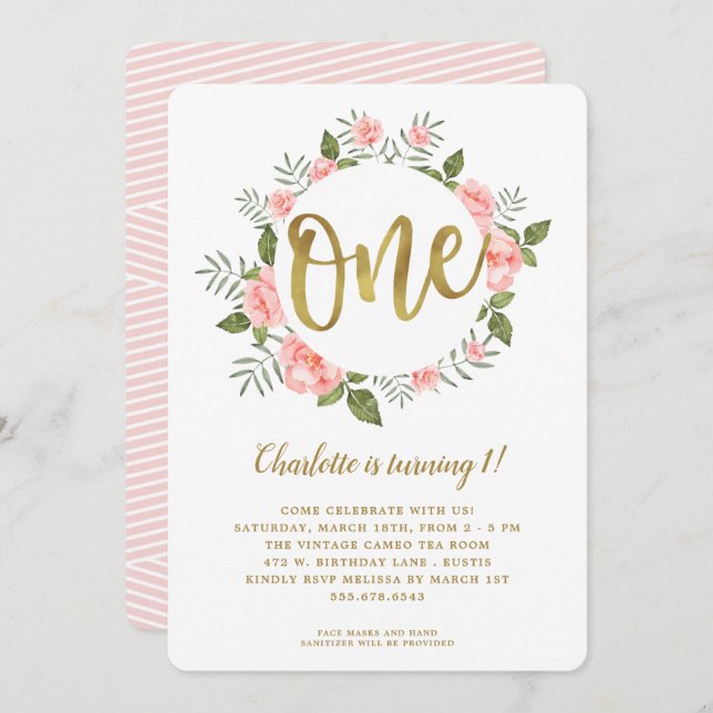 Aquarell Erstgeburt Gold und Rosa Blüten Einladung (Vorne/Hinten)