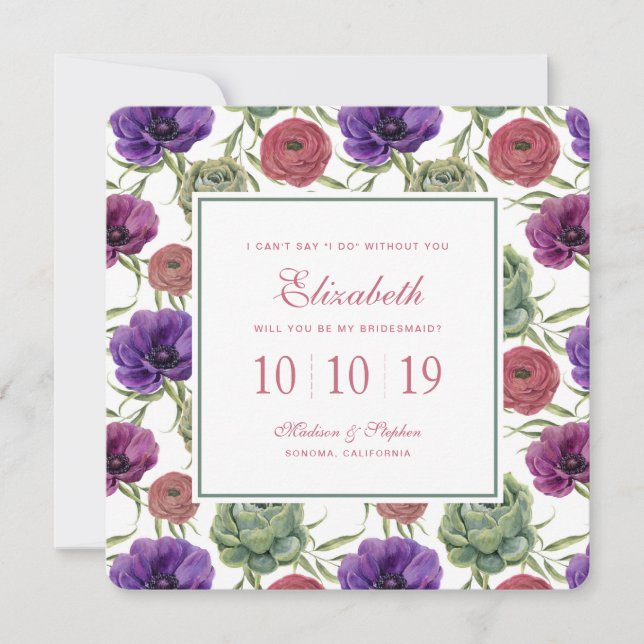 Aquarell | Eukalyptus & Anemone - Bridesmaid Einladung (Vorderseite)