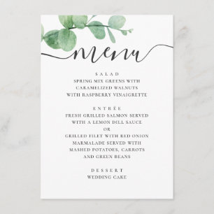 Aquarell-Eukalyptus. Elegante Schreibschrift-Hochz Menükarte