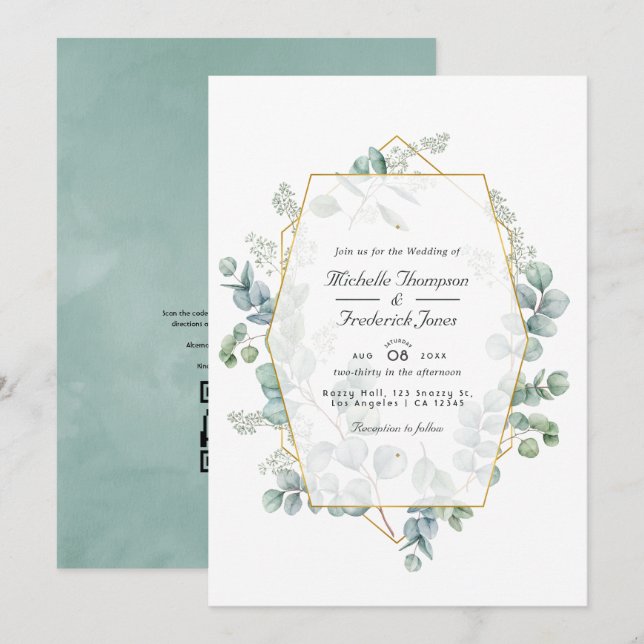 Aquarell-Eukalyptus-Geometrie-QR-Code-Hochzeit Einladung (Vorne/Hinten)