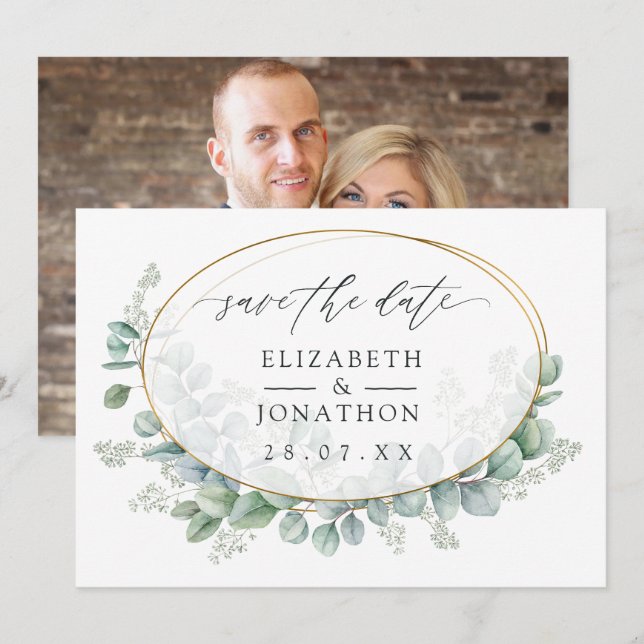 Aquarell-Eukalyptus-Geometrische-Hochzeit Save The Date (Vorne/Hinten)
