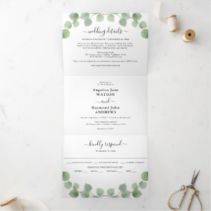 Aquarell-Eukalyptus & Gold Klassische Hochzeit Dreifach Gefaltete Einladung