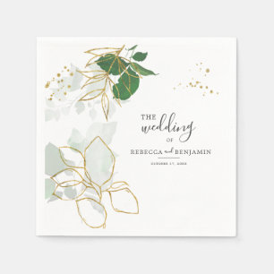 Aquarell-Eukalyptus-Grün-Gold-Blätter-Hochzeit Serviette