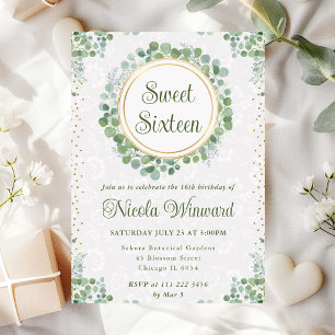 Aquarell-Eukalyptus-Grün-Kranz Sweet 16 Einladung