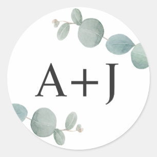 Aquarell-Eukalyptus-Grün mit Initialen Runder Aufkleber