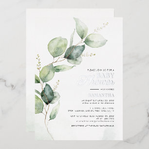 Aquarell-Eukalyptus-Grünzeug-Baby-Party Silber Folieneinladung