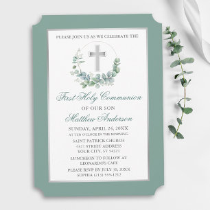 Aquarell-Eukalyptus-Kranz Silber Kommunion Einladung