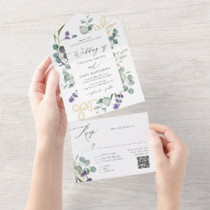 Aquarell-Eukalyptus-Lavendel-Kalligrafie-Hochzeit All In One Einladung