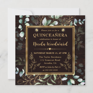 Aquarell-Eukalyptus und goldener Rahmen Quinceaner Einladung