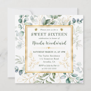 Aquarell-Eukalyptus und goldener Rahmen Sweet 16 Einladung